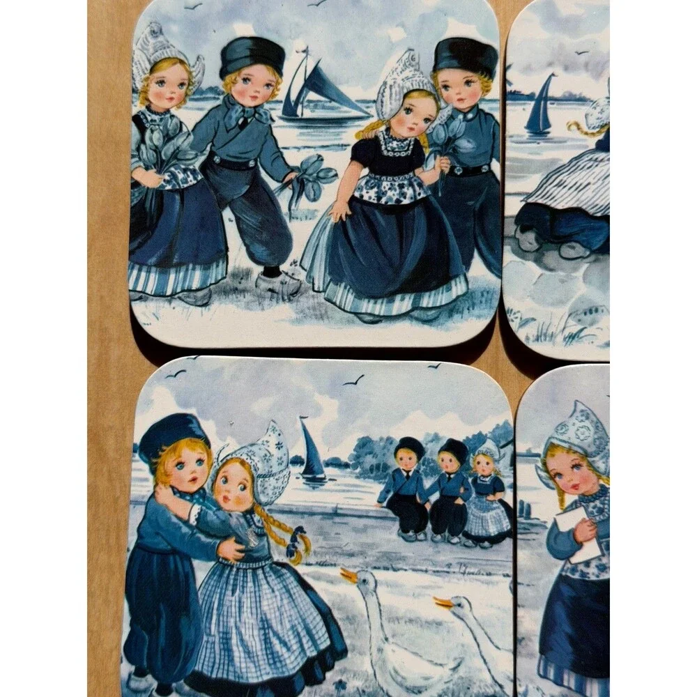 Set A Four Vintage Dutch Folk Art Coasters With Children Scenes